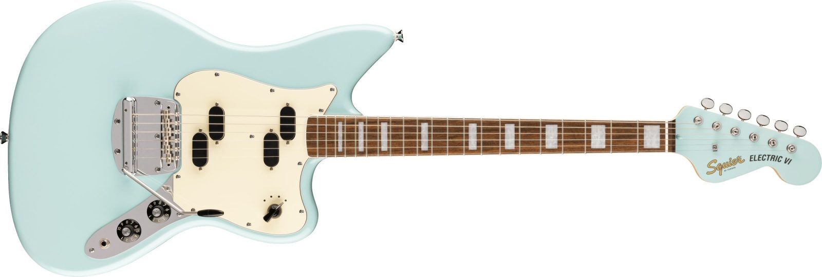Squier Paranormal Electric VI LRL Matching Headstock DPB Daphne Blue